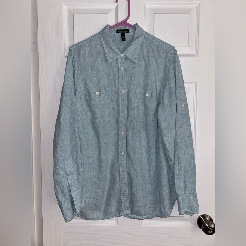 Lauren Ralph Lauren Light Blue Button-Down Linen Shirt